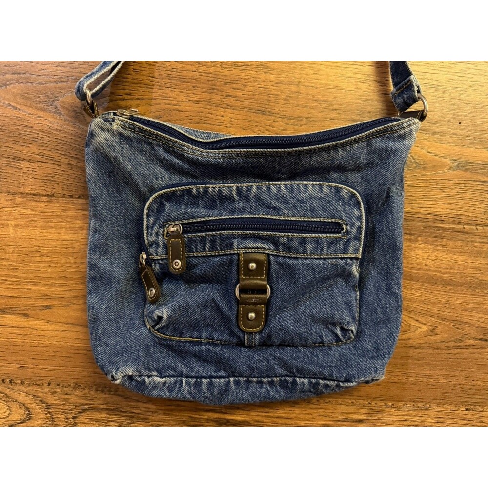 Y2K Denim Crossbody Bag Blue Jean Purse Adjustable Strap Multi Pocket Casual